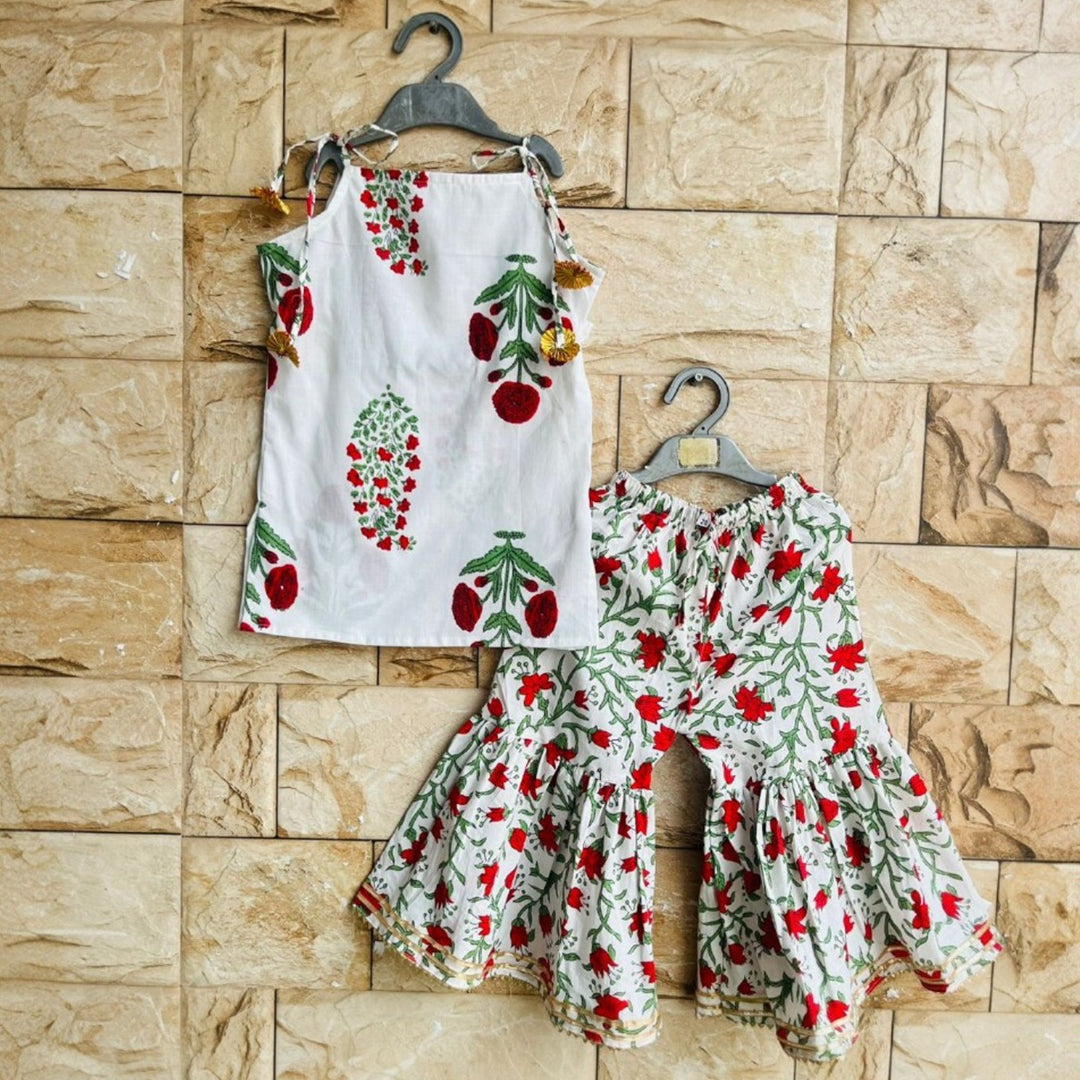 White & Red Floral Block Print Sleeveless Kurti with Sharara