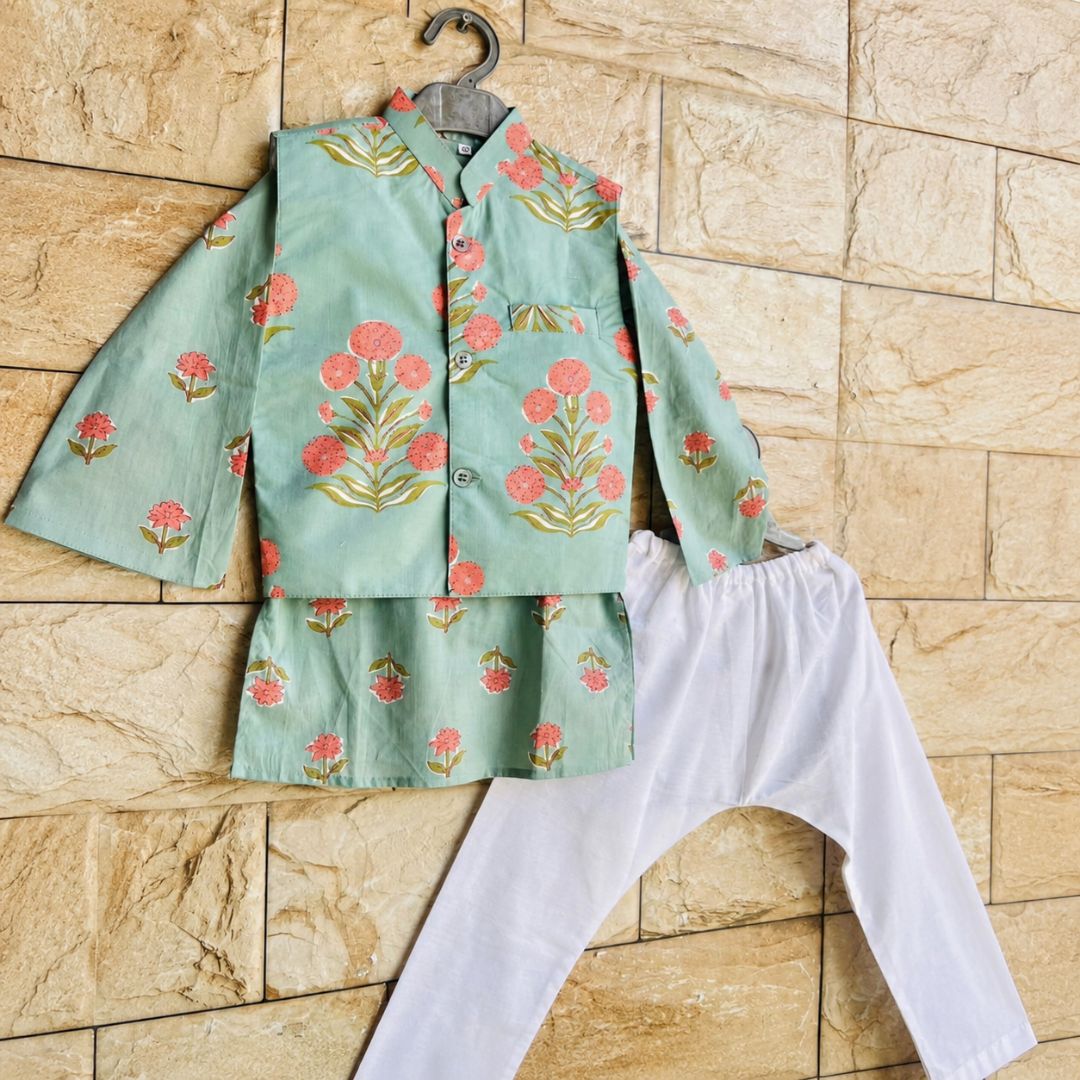 Pastel Green Block Printed Kurta Bundi Set for Boys