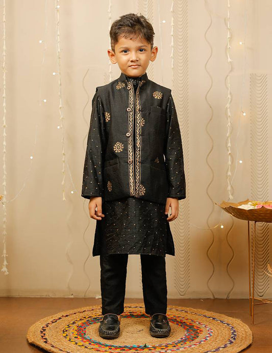 Black And Golden Block Printed Kurta Pyjama Set With Jacket