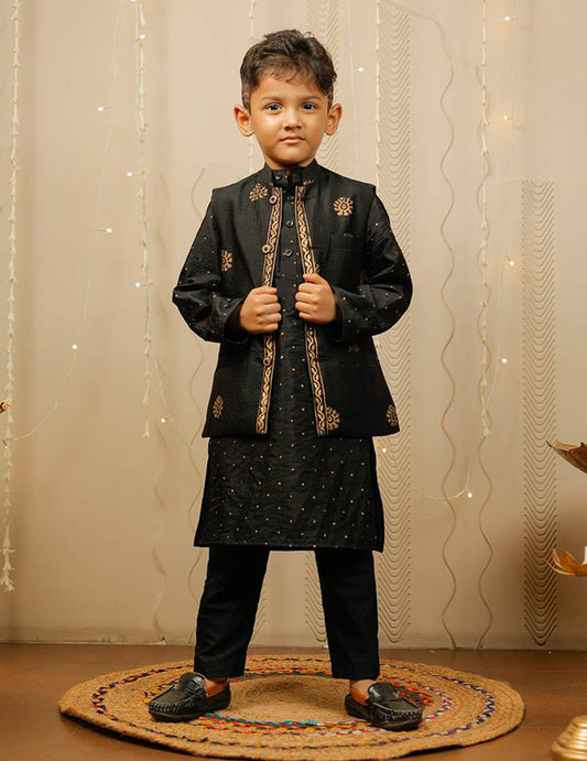 Black And Golden Block Printed Kurta Pyjama Set With Jacket