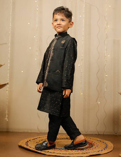 Black And Golden Block Printed Kurta Pyjama Set with Jacket