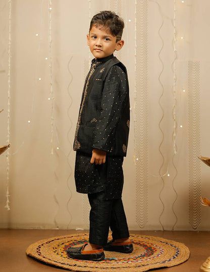 Black And Golden Block Printed Kurta Pyjama Set with Jacket