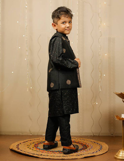 Black And Golden Block Printed Kurta Pyjama Set with Jacket