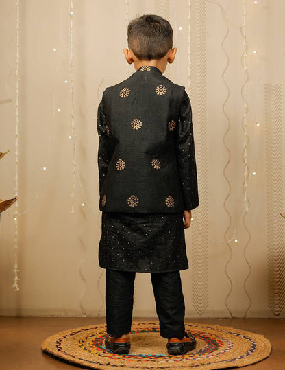 Black And Golden Block Printed Kurta Pyjama Set with Jacket