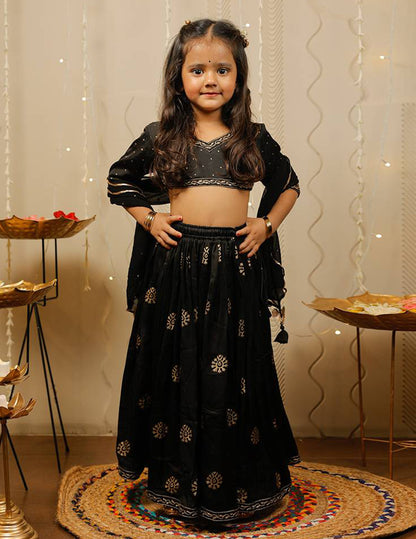 Black and Golden Block Printed Lehenga Choli Set with Dupatta