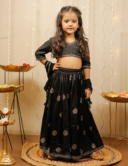 Black and Golden Block Printed Lehenga Choli Set with Dupatta