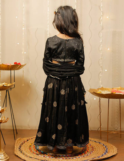 Black and Golden Block Printed Lehenga Choli Set with Dupatta