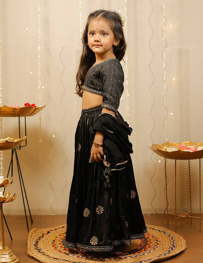 Black and Golden Block Printed Lehenga Choli Set with Dupatta