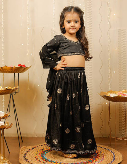 Black and Golden Block Printed Lehenga Choli Set with Dupatta