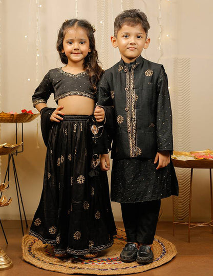 Black and Golden Block Printed Lehenga Choli Set with Dupatta