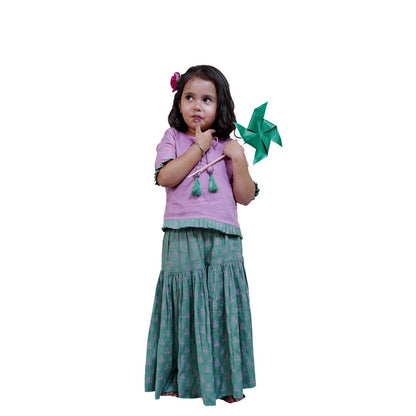Block Printed Sharara Set In Green and Mauve