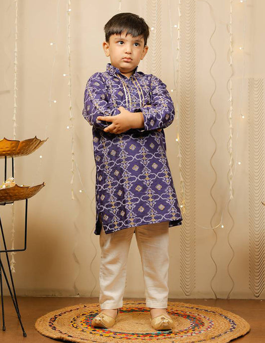 Blue And Off White Block Printed Kurta Pyjama Set