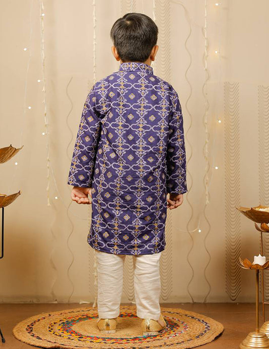 Blue And Off White Block Printed Kurta Pyjama Set