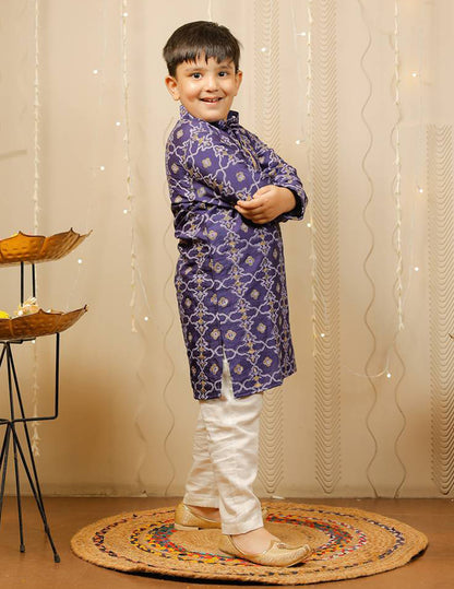 Blue and Off White Block Printed Kurta Pyjama Set
