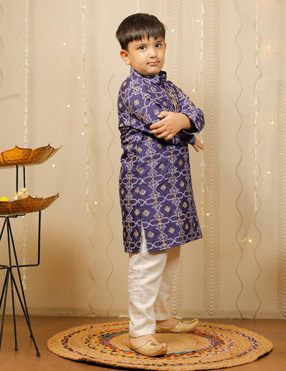 Blue and Off White Block Printed Kurta Pyjama Set