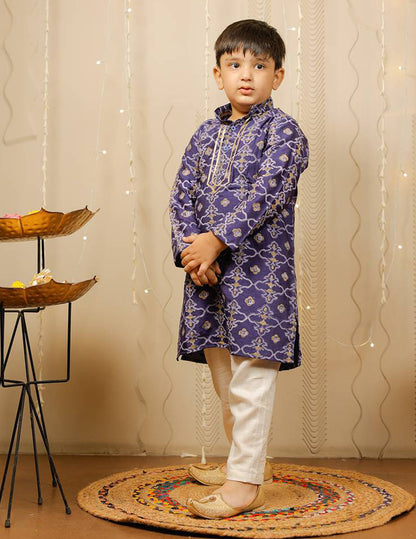 Blue and Off White Block Printed Kurta Pyjama Set