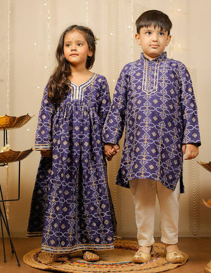 Blue and Off White Block Printed Kurta Pyjama Set