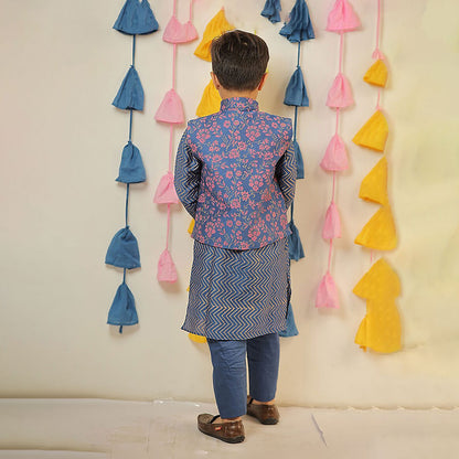 Blue Block Printed Kurta with Jacket Chanderi and Pant Cotton Silk