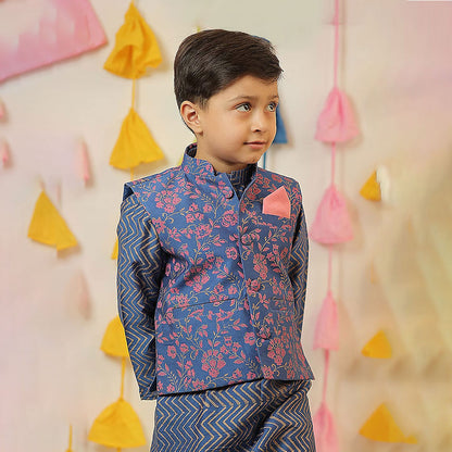 Blue Block Printed Kurta with Jacket Chanderi and Pant Cotton Silk
