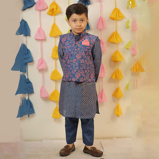 Blue Block Printed Kurta With Jacket Chanderi and Pant Cotton Silk