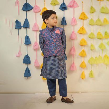 Blue Block Printed Kurta with Jacket Chanderi and Pant Cotton Silk