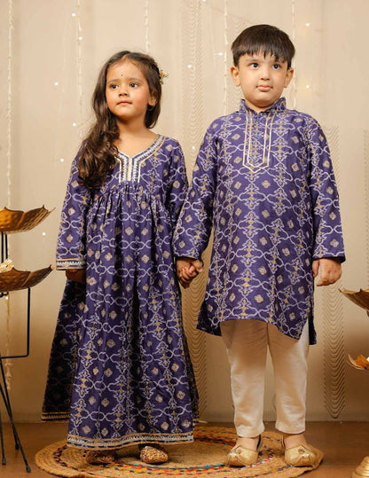 Blue Block Printed Full Length Dress