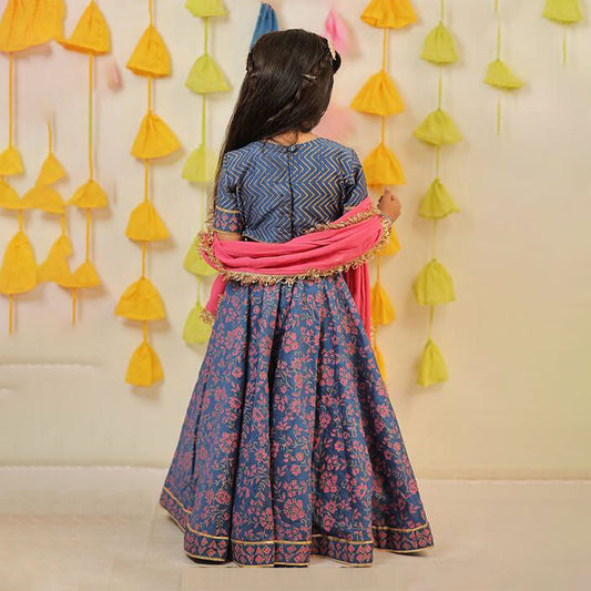 Blue Block Printed Lehenga Set