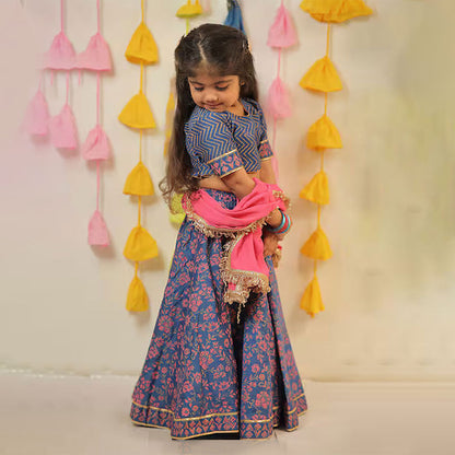 Blue Block Printed Lehenga Set