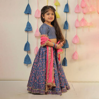 Blue Block Printed Lehenga Set