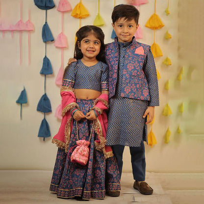 Blue Block Printed Lehenga Set