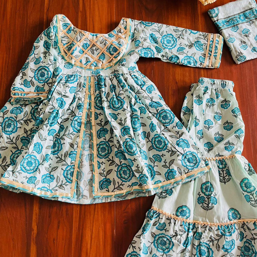 Blue Floral Print Cotton Sharara Set for Girls with Gota Detailing and Dupatta