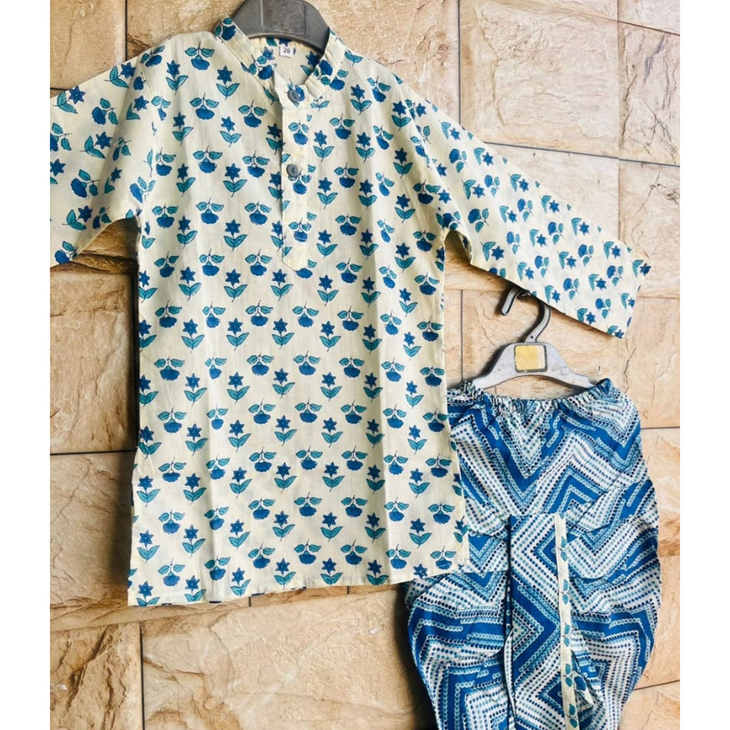 Blue Printed Cotton Kurta with White Dhoti Set for Boys