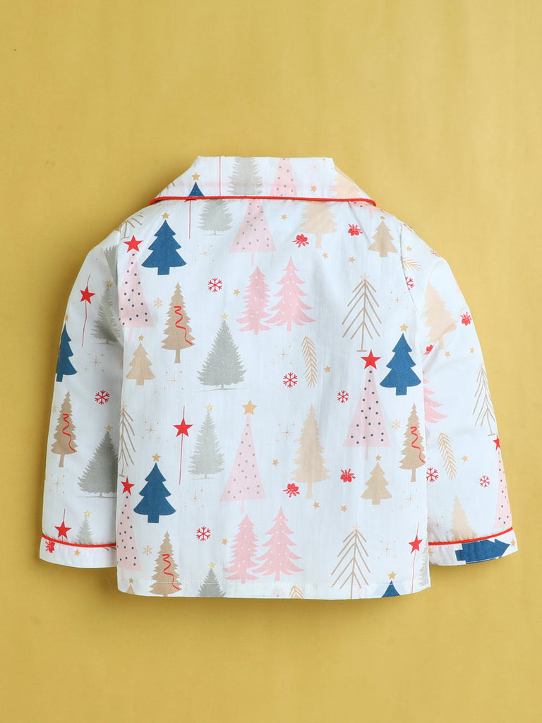 Unisex Christmas Trees Print Nightsuit- Beige