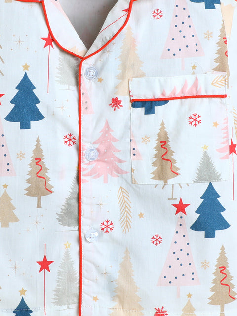 Unisex Christmas Trees Print Nightsuit- Beige