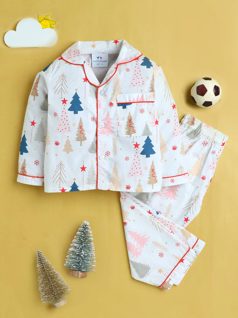 Unisex Christmas Trees Print Nightsuit- Beige