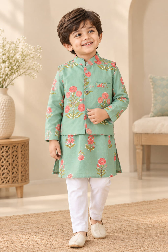 Pastel Green Block Printed Kurta Bundi Set for Boys