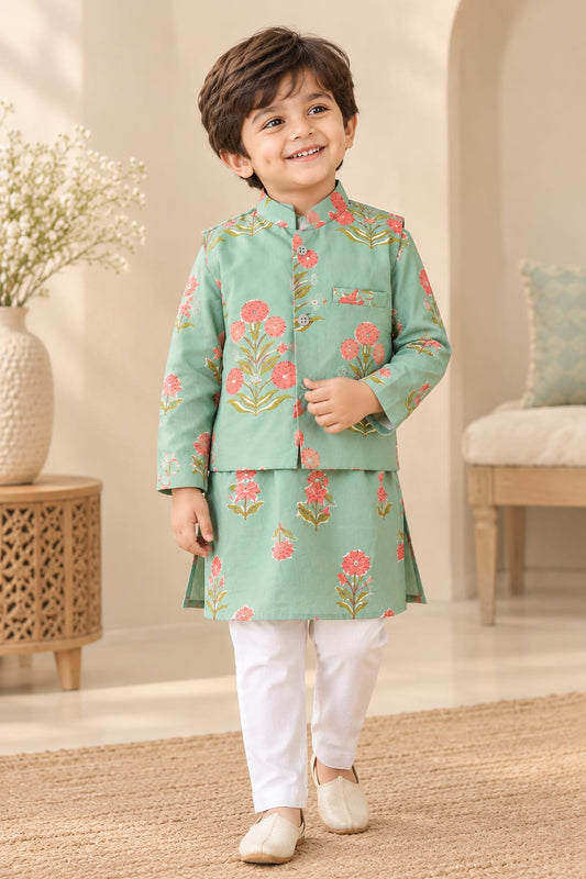 Pastel Green Block Printed Kurta Bundi Set for Boys