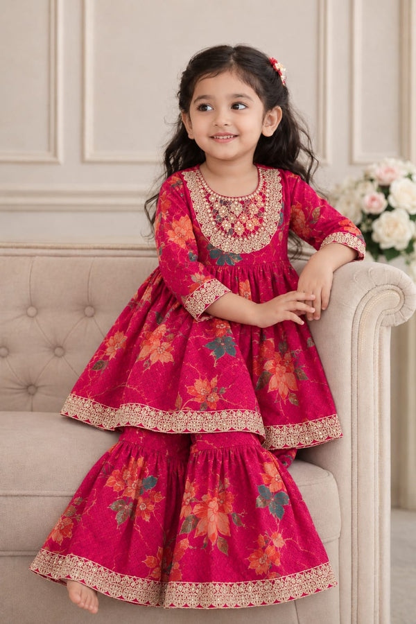 Floral Printed Muslin Cotton Sharara Set for Girls