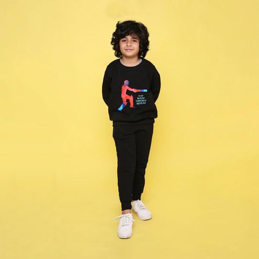 Full Sleeves Cricket Printed Warm Fleece Sweatshirt & Joggers - Black