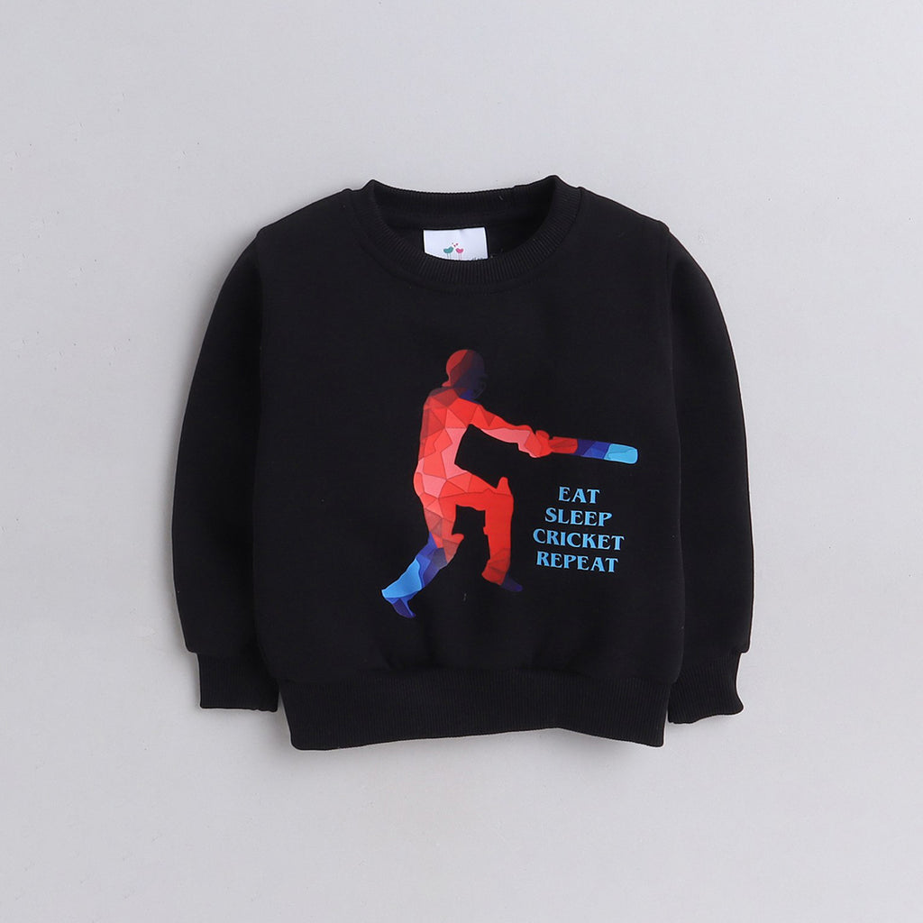 Full Sleeves Cricket Printed Warm Fleece Sweatshirt - Black