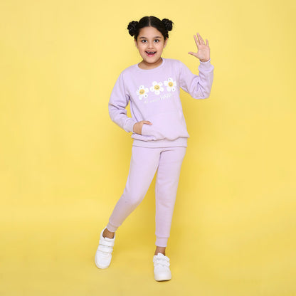 Full Sleeves Floral Printed Warm Fleece Sweatshirt & Joggers - Purple