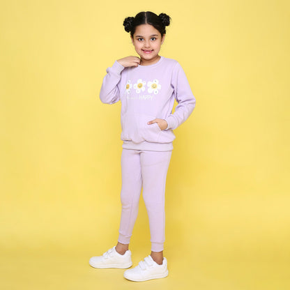 Full Sleeves Floral Printed Warm Fleece Sweatshirt & Joggers - Purple