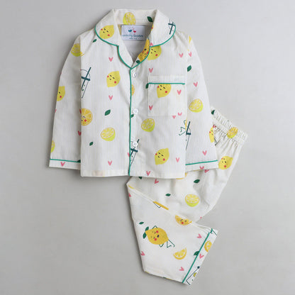 Unisex Full Sleeves Lemons And Lemonade Print Nightsuit - Yellow