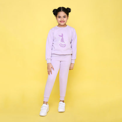 Full Sleeves Mermaid Tail Printed Warm Fleece Sweatshirt & Joggers Set - Purple