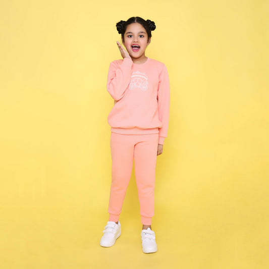 Full Sleeves Pearl Embellished Carriage Detailed Warm Fleece Sweatshirt & Joggers Set - Peach