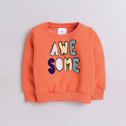 Unisex Full Sleeves Placement Awesome Text Embroidered Terry Detailed Warm Fleece Sweatshirt - Orange