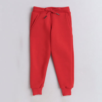 Unisex Full Sleeves Placement Cupcake Printed & Pom Pom Detailed Fleece Jogger Set - Red