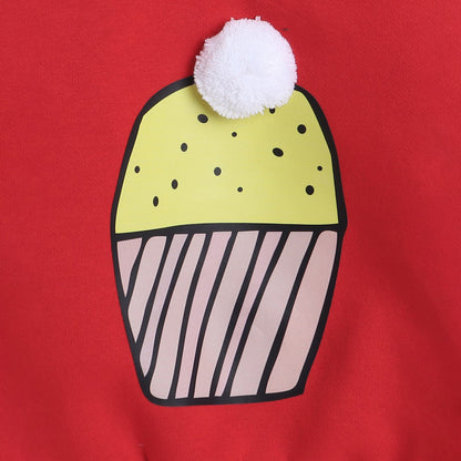 Unisex Full Sleeves Placement Cupcake Printed & Pom Pom Detailed Fleece Jogger Set - Red