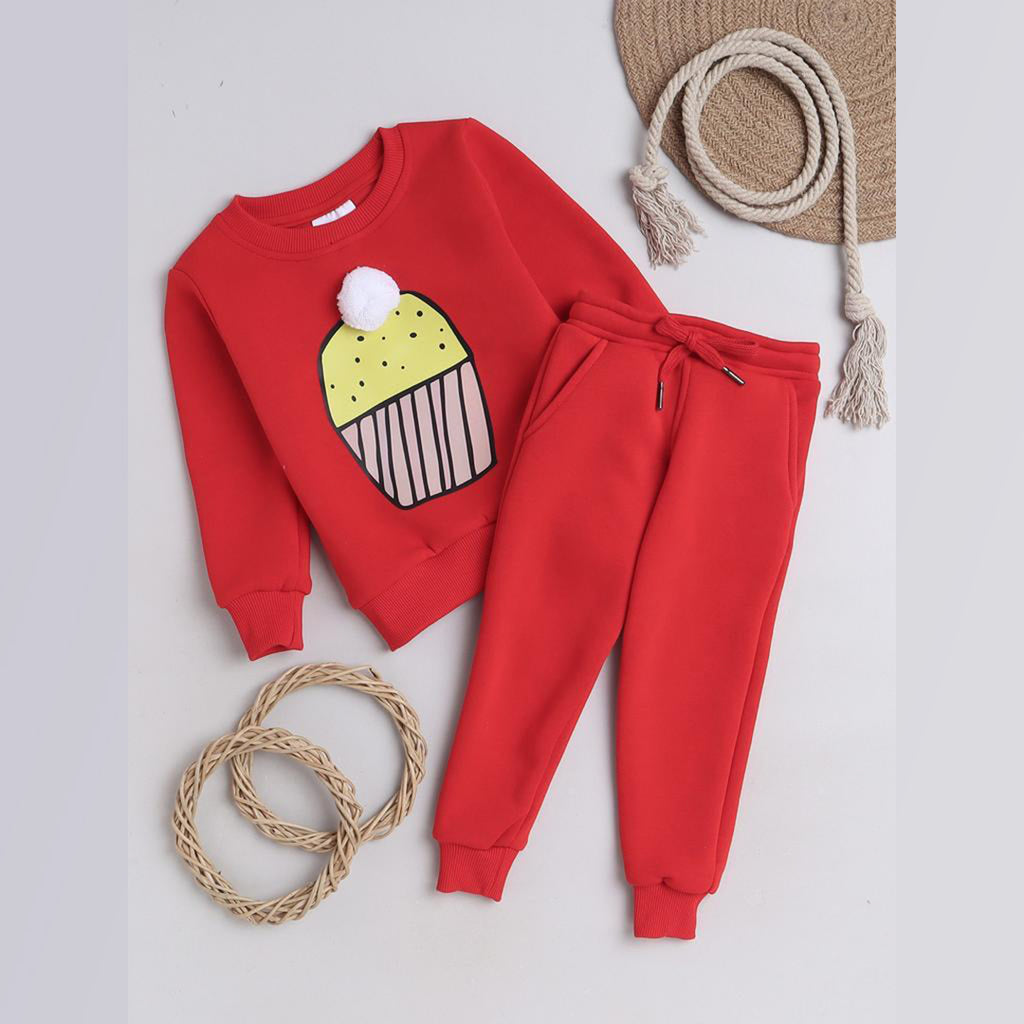 Unisex Full Sleeves Placement Cupcake Printed & Pom Pom Detailed Fleece Jogger Set - Red