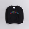 Unisex Full Sleeves Placement Happiness Text Embroidered Warm Fleece Sweatshirt  - Black